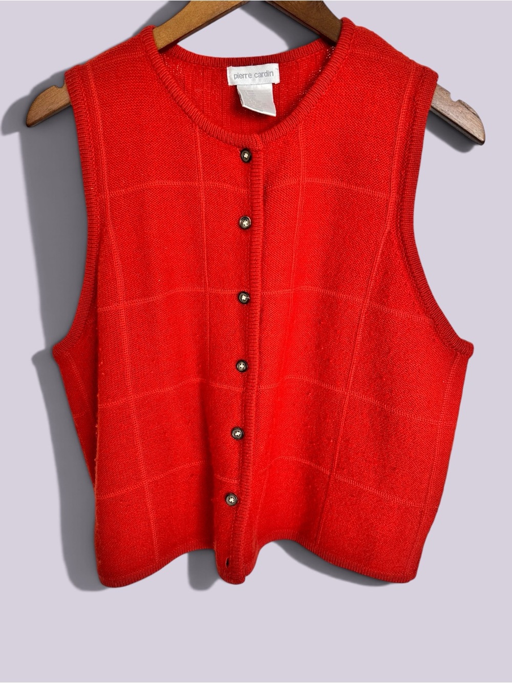 Vintage Pierre Cardin Orange 100% Wool Windowpane Grid Button Front Sweater Vest